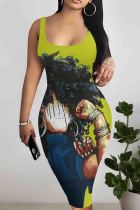 Green Casual Print Patchwork U Neck Wrapped Skirt Dresses