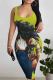 Green Casual Print Patchwork U Neck Wrapped Skirt Dresses