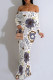 White Blue Sexy Floral Print Stripe Contrast Off Shoulder One Step Skirt Dresses