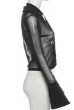 Black Sexy Solid Color Patchwork See-Through Turndown Collar Tops