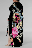 Pink Elegant Geometric Print Flowers Faux Denim Print Lace Up Slit Contrast V Neck Printed Plus Size Dresses