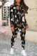 Black Brown Casual Street Geometric Print Contrast O Neck Long Sleeve Two Pieces