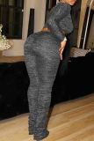 Dark Gray Casual Solid Color Patchwork O Neck Long Sleeve Two Pieces