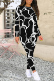 Black Brown Casual Street Geometric Print Contrast O Neck Long Sleeve Two Pieces