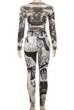 Deep Blue Street Print Patchwork O Neck Long Sleeve Two Pieces