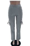 Grey Casual Letters Patchwork Cross Straps Regular High Waist Conventional Patchwork Bottoms