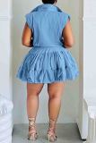 Blue Casual Solid Color Draw String Buckle Patchwork Ruched Mandarin Collar Sleeveless Two Pieces