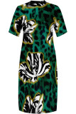 Blue Casual Street Camouflage Print Letters Pocket Contrast V Neck Printed Plus Size Dresses