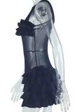 Black Sexy Solid Color Patchwork Ruched O Neck Wrapped Skirt Dresses