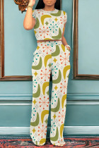 Green Yellow Casual The stars Love Print Pocket Contrast O Neck Short Sleeve Two Pieces