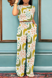 Green Yellow Casual The stars Love Print Pocket Contrast O Neck Short Sleeve Two Pieces