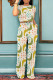 Green Yellow Casual The stars Love Print Pocket Contrast O Neck Short Sleeve Two Pieces