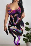 Green Casual Print Patchwork U Neck Wrapped Skirt Dresses