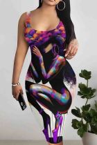Purple Casual Print Patchwork U Neck Wrapped Skirt Dresses