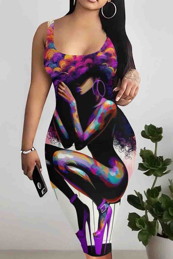 Purple Casual Print Patchwork U Neck Wrapped Skirt Dresses