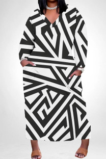 Black And White Casual Daily Striped Print Pocket Contrast V Neck Printed Plus Size Dresses