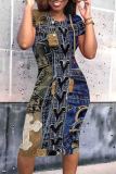 Blue Casual Print Patchwork O Neck Wrapped Skirt Dresses