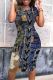Blue Black Casual Print Patchwork O Neck Wrapped Skirt Dresses