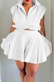 Blue Casual Solid Color Draw String Buckle Patchwork Ruched Mandarin Collar Sleeveless Two Pieces