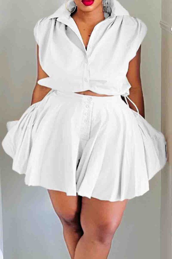 White Casual Solid Color Draw String Buckle Patchwork Ruched Mandarin Collar Sleeveless Two Pieces