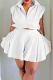 White Casual Solid Color Draw String Buckle Patchwork Ruched Mandarin Collar Sleeveless Two Pieces