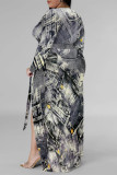 Pink Elegant Geometric Print Flowers Faux Denim Print Lace Up Slit Contrast V Neck Printed Plus Size Dresses