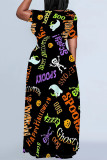 Black Yellow Casual Daily Graffiti Print Letters Contrast O Neck A Line Plus Size Dresses