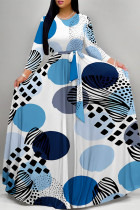 Blue White Casual Street Geometric Print Polka Dot Lace Up Contrast O Neck Printed Dresses