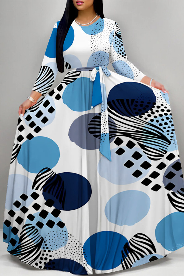 Blue White Casual Street Geometric Print Polka Dot Lace Up Contrast O Neck Printed Dresses