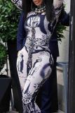 Deep Blue Sexy Print Patchwork Half A Turtleneck Skinny Jumpsuits