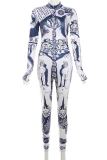 Deep Blue Sexy Print Patchwork Half A Turtleneck Skinny Jumpsuits