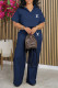 Blue Casual Daily Letter Print Pocket Patchwork Turndown Collar Short Sleeve Two Pieces