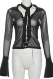 Black Sexy Solid Color Patchwork See-Through Turndown Collar Tops