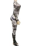 Deep Blue Street Print Patchwork O Neck Long Sleeve Two Pieces