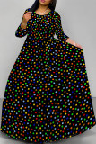 Blue White Casual Street Geometric Print Polka Dot Lace Up Contrast O Neck Printed Dresses