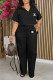 Black Casual Letter Print Pocket Buttons Turndown Collar Short Sleeve Two Pieces