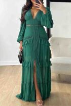 Dark Green Elegant Solid Color Patchwork Slit Deep V Neck Long Dresses