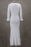 Black Elegant Solid Color Buckle Patchwork V Neck Long Dresses