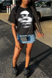 Black Casual Street Figure Print O Neck T-Shirts