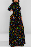 Blue White Casual Street Geometric Print Polka Dot Lace Up Contrast O Neck Printed Dresses