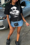 Black Casual Street Figure Print O Neck T-Shirts