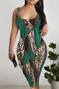 Green Sexy Leopard Print Chain print Contrast U Neck One Step Skirt Dresses