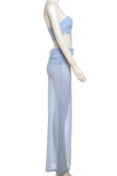 Blue Elegant Solid Color Hollow Out Patchwork Backless High Slit Strapless Long Dresses