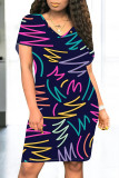 Black Casual Street Colorblock Striped Print Heart Shaped Pocket Contrast O Neck Printed Dresses