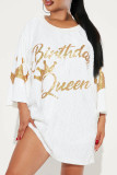 White Casual Letters Sequins Patchwork O Neck T-Shirts
