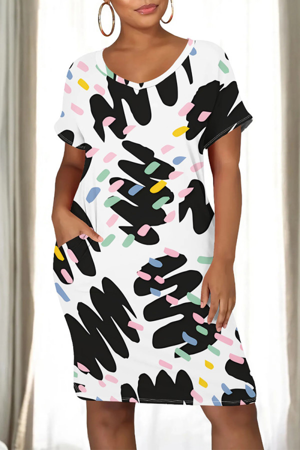 White Casual Street Colorblock Striped Print Heart Shaped Pocket Contrast O Neck Printed Dresses