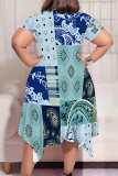 Blue Casual Plaid Geometric Print Pocket Contrast O Neck Short Sleeve Plus Size Dresses