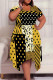 Black Yellow Casual Plaid Geometric Print Pocket Contrast O Neck Short Sleeve Plus Size Dresses