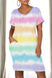 Rose Red Casual Print Pocket Patchwork O Neck Straight Dresses