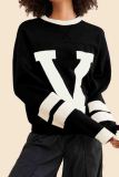 Black Casual Letters Patchwork Contrast O Neck Tops
